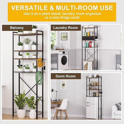 QOOIE Over The Toilet Storage with Adjustable Wooden Shelves and 2 Fabric Drawers, 4-Tier Over Toilet Bathroom Organizer, Small Freestanding Storage Shelf for Toilet Paper, Towels, Toiletries