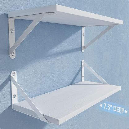 Wall Shelves 7.3" Deep Set of 2, Solid Paulownia Wood Wider Longer Sturdy Easy to Install Wall Mounted Bookshelves Storage Shelves Bathroom Storage Office Laundry Room Bedroom Organizer White