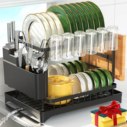 QECOUI 2-Tier Dish Drying Rack with Drainboard, Sink & Countertop Metal Dish Rack Organizer, Dish Drainers for Kitchen Counter, Black