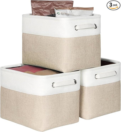 Kntiwiwo Foldable Storage Bin Collapsible Fabric Storage Basket Cube with Durable Handles Closet Organizer Bins for Organizing Shelves Drawers, Set of 3, 12" x 10" x 9.5", Beige