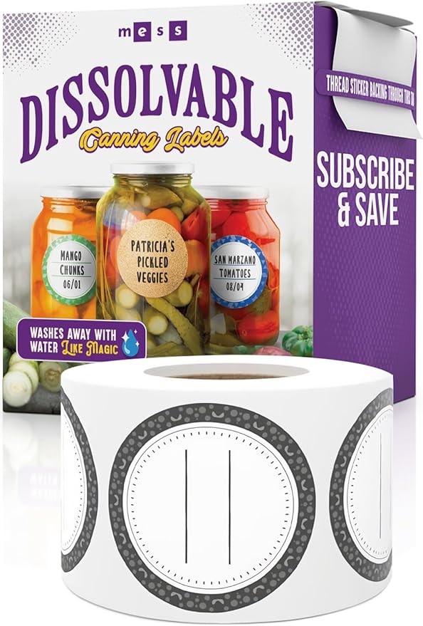 Easy Remove Dissolvable Canning Labels for Mason Jars (2" Round) Canning Supplies - Washes Off in Seconds Like Magic - Jar Labels for Homemade Jam, Jelly, and More (Black, 200/Roll) by MESS
