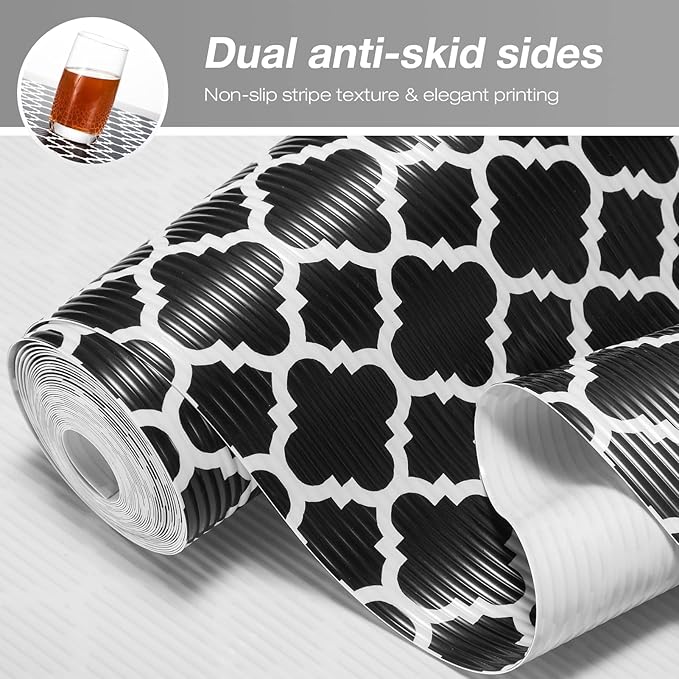 Glotoch Shelf Liners for Kitchen Cabinets 12” x 20 ft, Non Slip Drawer Liner, Waterproof Cabinet Liner for Wire/Pantry/Closet/Dresser-Non Adhesive, Heavy Duty, Quatrefoil, Black&White