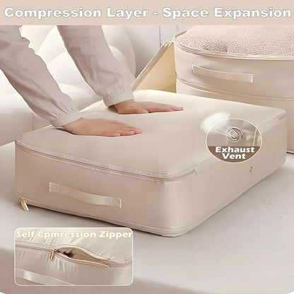 Ultra Space Saving Self Compression Organizer, Large Capacity Storage Bag, Thick Satin Fabric Heavy Duty Bags for Comforters Blankets Bedding Duvet (Beige, Large, 21x17x12in)
