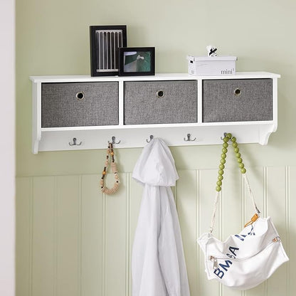 SoBuy Wall Shelf with Hooks, Coat Rack Wall Mounted with Shelf, Entryway Wall Cubby Storage Cabinet Unit with 3 Baskets 5 Hooks, Wihte, FRG282-W