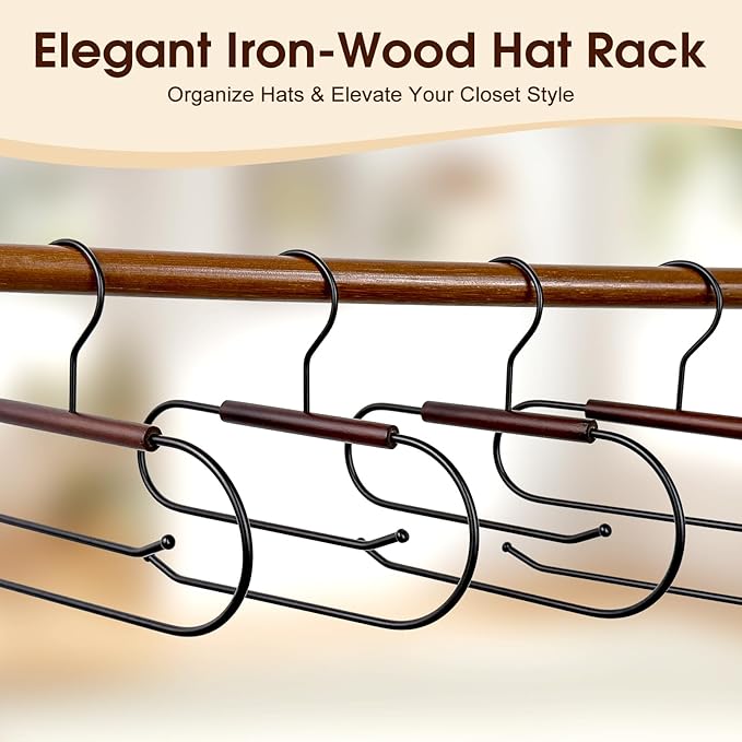 LoforHoney Hat Hanger for Closet, Hat Organizer for Baseball Caps, Wooden & Metal Hat Rack, Double-Layer Hanging Rack Holds 10 Hats, Ideal for Hats, Ties, Bags, Belts, Leggings (1 Pack)