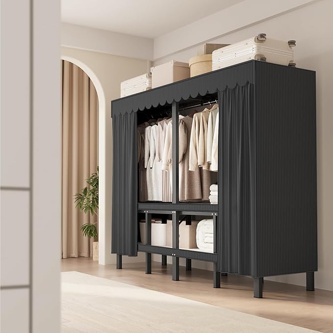 66.1in Heavy Duty Clothes Rack with Black Cover Foldable Covered Clothes Rack for Hanging Clothes portable Wardrobe Closet System Freestanding Coat Storage Garment Racks for bedroom (black, 66.1in)