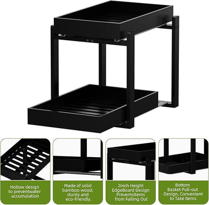 2 Pack Under Sink Organizer, Bamboo Wooden 2-Tier Pull-Out Storage with Sliding Drawers for Kitchen and Bathroom Cabinets, Easy Installation (Black, 2 Packs)