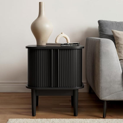 Fluted Nightstand with Sliding Doors, Modern Bedside Table with Solid Wood Legs, Wood Night Stand for Bedroom, Black