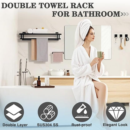 Alise 20 Inch Towel Rack for Bathroom Wall Mount,Black Double Towel Bars with Shelf,SUS 304 Stainless Steel Bathroom Towel Holder Towel Hanger for Bathroom Walls,Matte Black