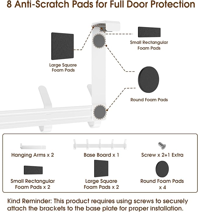 CHAUNCEY HOME Over The Door Hooks Hanger with 7" Arms for Hanging, J7U, Perfectly Fits US Standard 1 3/4-inch Doors, Towel Rack Bathroom Organizer Holder, White
