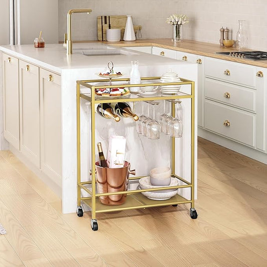 Gold Bar Cart, Beverage Cart with Wheels, Bar Cart for The Home, 2-Tier Drink Cart with Wine Rack and Glass Holder, Kitchen, Dining Room, Gold RCJ63B01Z