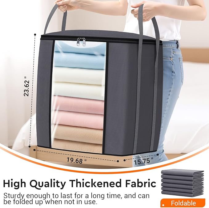 TasticTotes 120L Extra Large Clothes Storage Bags, Foldable Blanket Storage and Organization, Thick Fabric Containers with Reinforced Handles & Zippers for Clothing, Comforters, Bedding, Gray, 2 Pack