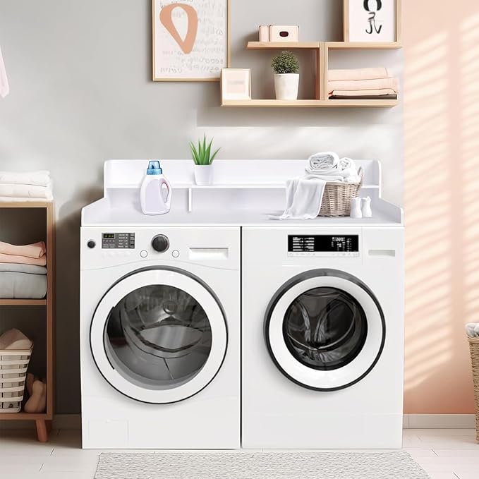 Washer Dryer Countertop, Laundry Wood Shelf Topper with Edge, 2-Tier Laundry Countertop, for Washer and Dryer Laundry Hamper Counter Storage Organization (White)
