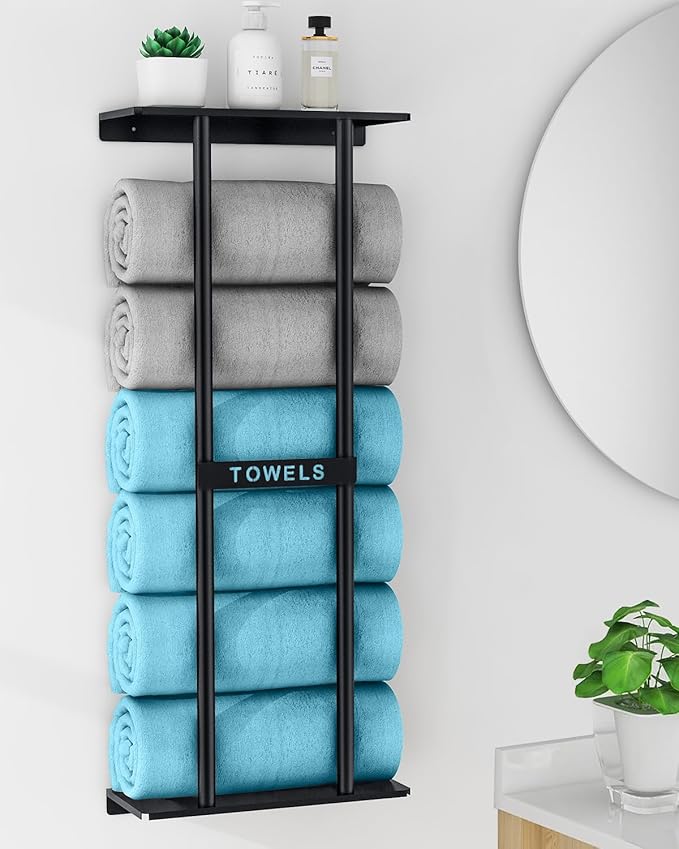 Towel Racks for Bathroom, Bathroom Towel Storage Wall Mounted 30 inch with Shelf Can Holds 6 Large Towels, Wall Towel Rack for Rolled Towels, Black