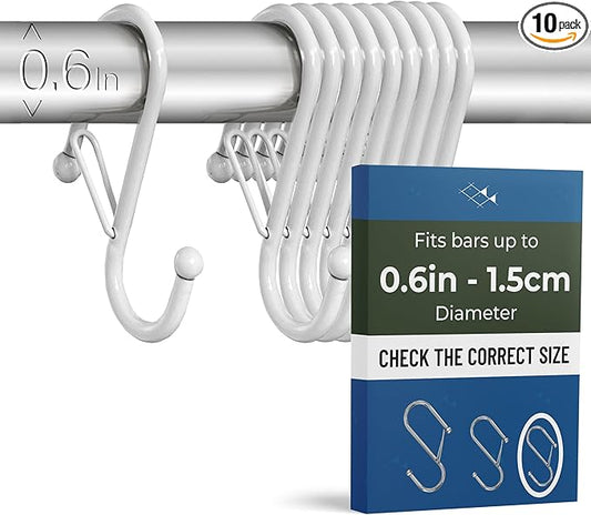 Blau Marité 10-Pack Metal S Hooks for Hanging – Heavy-Duty S-Shaped Hooks with Safety Buckle – Fits Bars up to 0.6 in – Anti-Drop Hooks for Kitchen, Pot Racks & Towel Bars – White (Small)