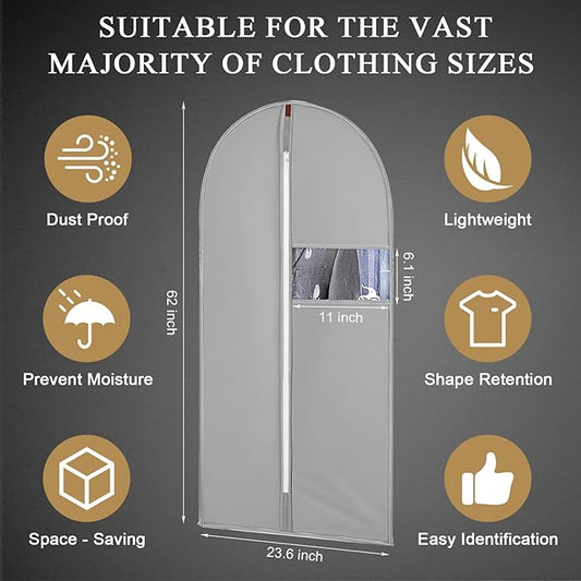 62-Inch Garment Bags Covers,Hanging Clothes Bag, Suit Cover Bags with Clear Window for Hanging Closet Clothes Storage and Travel (Gray)