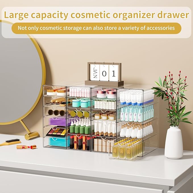 Acrylic Makeup Organizer with 20 Drawers, 4 Set Clear Storage Drawers, Acrylic Drawer Organizer and Storage for Desktop Office Supplies Make Up Pen Hair Accessories