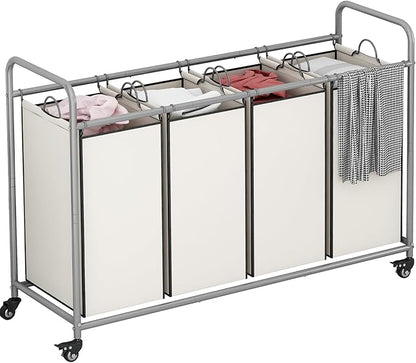 Laundry Sorter 4 Section Hamper Sorter with Heavy Duty Lockable Rolling Wheels Removable Bags Basket Separator for Dirty Clothes Storage, Beige