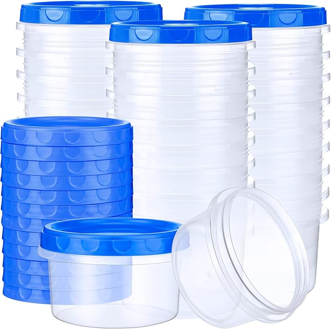 Sieral 36 Pack 8 oz Freezer Containers with Lids Reusable Deli Freezer Storage Containers Stackable Plastic Thick Twist Top Jars for Takeout Food Round Wide Mouth Lunch Snack (Blue)