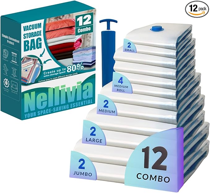 Nellivia 12 Pack Vacuum Storage Bags with Hand Pump, Compression Space Saver for Comforter, Bedding, Blanket Storage, Vacuum Seal Bags for Clothing, Luggage Suitcase and Closet Organizer