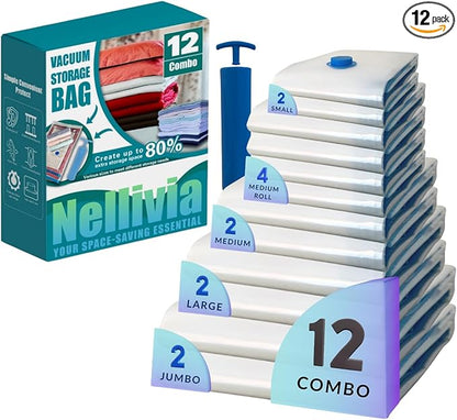 Nellivia 12 Pack Vacuum Storage Bags with Hand Pump, Compression Space Saver for Comforter, Bedding, Blanket Storage, Vacuum Seal Bags for Clothing, Luggage Suitcase and Closet Organizer