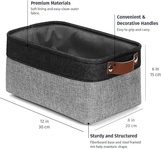 OrganiHaus Small Fabric Storage Baskets for Shelves 3 Pack, 12x08in Closet Storage Bins for Shelves, Canvas Baskets for Organizing, Linen Closet Organizers, Cloth Basket, Gray/Black