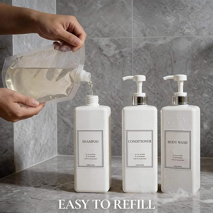 Shampoo and Conditioner Dispenser - Modern Design Large 27oz Shower Soap Dispenser Set of 3, Refillable Empty Plastic Pump Bottles for Bathroom, 6 Waterproof Labels Included, White & Silver