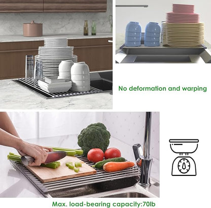 Tomorotec Roll Up Dish Drying Rack Over The Sink Grey Large Dish Drying Rack Rolling Foldable Collapsible SUS304 Stainless Steel Multipurpose Dish Drainer for Kitchen Counter (17.8”x15.7”)