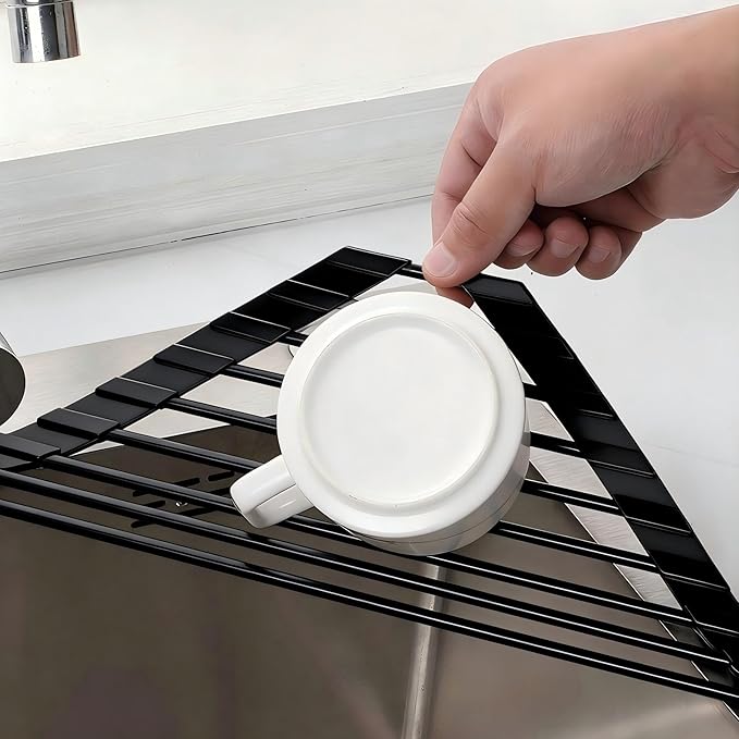 JAFLYDE Triangle Roll Up Dish Drying Rack Over The Sink, Anti-Rust with Full Silicone-Coated Stainless Steel Frame Fits, Organizer for Kitchen