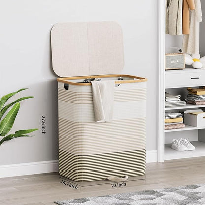 Double Laundry Hamper with Lid and Removable Bags, 150L Large Collapsible 2 Dividers Dirty Clothes Basket with Handles, Beige Double Laundry Basket Organizer for Bedroom,Laundry Room,College