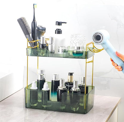Akinbas 2 Tier Bathroom Organizer Countertop Makeup Perfume Tray Skincare Organizer Comes with Hair Dryer Rack and Toothbrush Holder for Bathroom Dresser Vanity (Green)