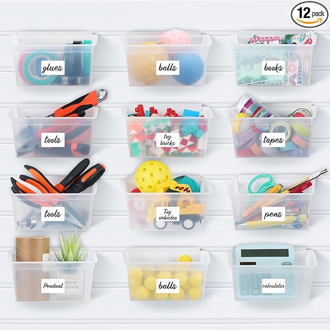 Mifoci 12 Pcs Storage Bins for PVC Slatwall Plastic Bin with Stickers Pens Slatwall Accessories for Organizing Hardware Craft Storage Tool Organizer Garage Craft Room Tool Shed(Clear)