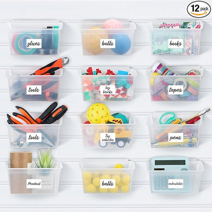 Mifoci 12 Pcs Storage Bins for PVC Slatwall Plastic Bin with Stickers Pens Slatwall Accessories for Organizing Hardware Craft Storage Tool Organizer Garage Craft Room Tool Shed(Clear)