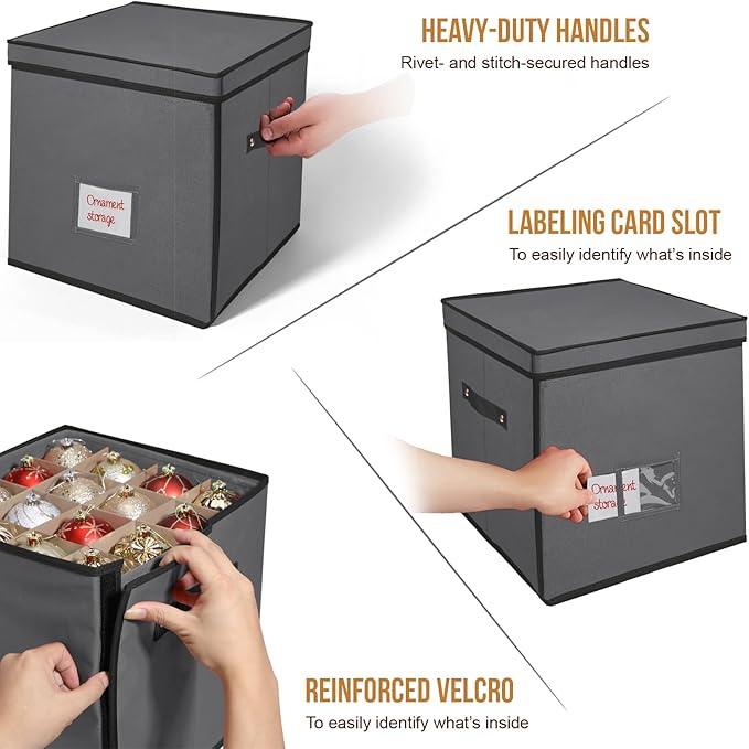 WDZREE Premium Large Christmas Ornament Storage,Box with Side Open, Drawer Style Trays - 3" Compartment, 4 Trays, Keeps 64 Holiday Ornaments -Made of Durable 600D Oxford Fabric Tear-Proof Material