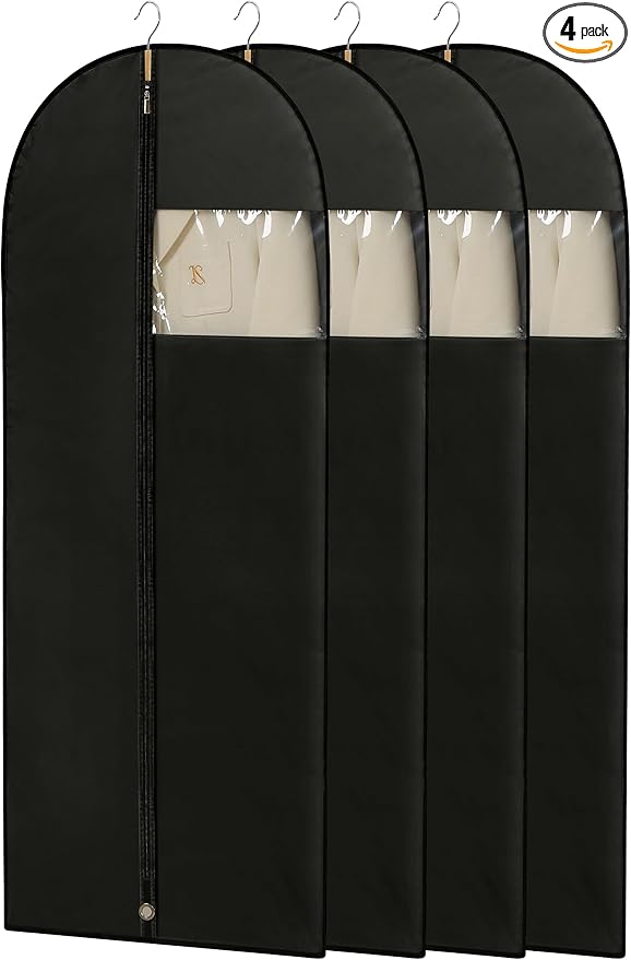 65'' Dress Bags for Gowns, 4 Pack Black Garment Bags for Hanging Clothes, Dress Garment Bag Women, Long Dress Cover for Coats, Dresses, Uniforms