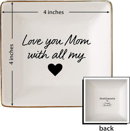 Simply Charmed Love You Mom Jewelry Dish - Valentine's Day or Birthday Gift - Elegant Trinket Tray and Ring Holder - Gifts for Mom from Daughter or Son