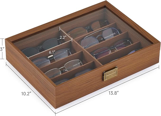 CO-Z Sunglasses Organizer with 8 Slots, Wood Eyeglasses Storage Box for Women Men, Lockable Display Case for Multiple Glasses, Glasses Holder for Watches Jewelry Collection, Walnut
