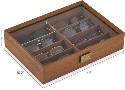 CO-Z Sunglasses Organizer with 8 Slots, Wood Eyeglasses Storage Box for Women Men, Lockable Display Case for Multiple Glasses, Glasses Holder for Watches Jewelry Collection, Walnut
