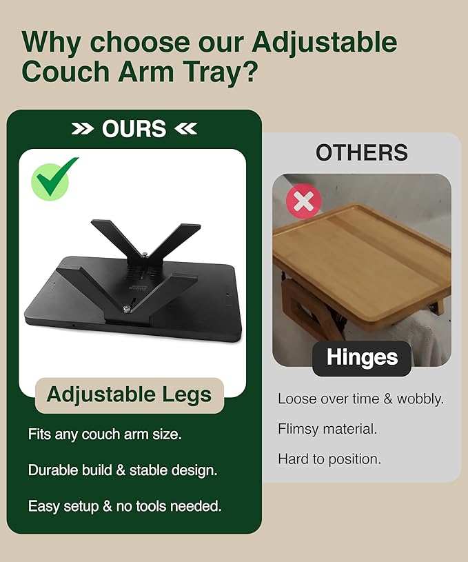Black Bamboo Couch Armrest Table – Fits Sofa Arms up to 8.8" Wide, 2-in-1 Adjustable Couch Arm Tray with 360° Rotating Phone Holder, Wire Holder & Non-Slip Mat – Sofa Tray for Snacks & Drinks