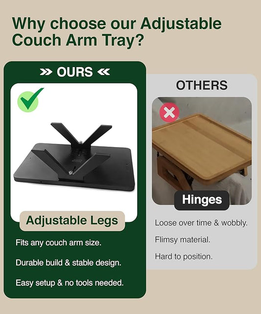 Black Bamboo Couch Armrest Table – Fits Sofa Arms up to 8.8" Wide, 2-in-1 Adjustable Couch Arm Tray with 360° Rotating Phone Holder, Wire Holder & Non-Slip Mat – Sofa Tray for Snacks & Drinks