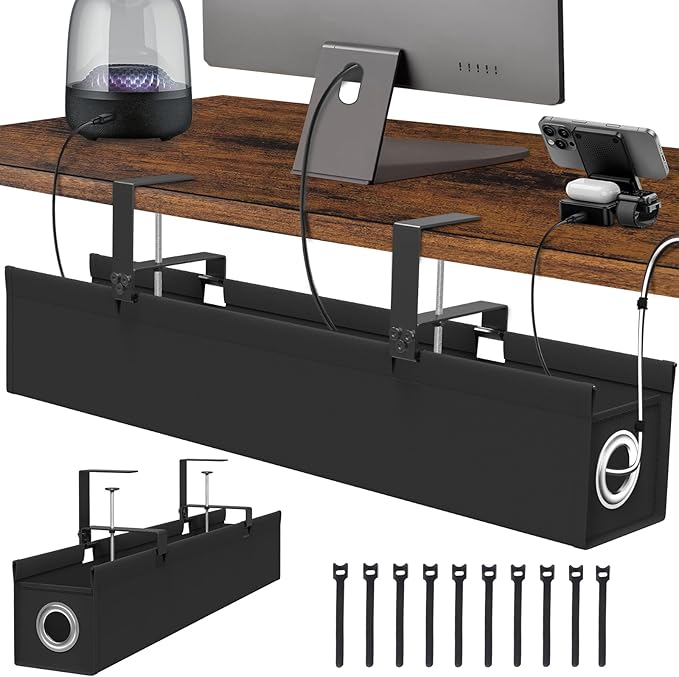 Under Desk Cable Management Tray No Drill, Suolaao 30 Inch Cord Organizer with Oxford Fabric, Clamp Mount, Holds 30 lbs, Large Cable Rack for Gaming & Home Office Standing Desk