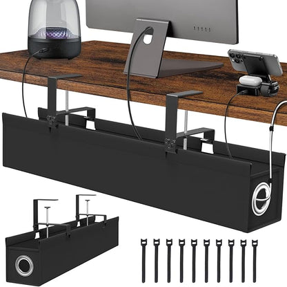Under Desk Cable Management Tray No Drill, Suolaao 30 Inch Cord Organizer with Oxford Fabric, Clamp Mount, Holds 30 lbs, Large Cable Rack for Gaming & Home Office Standing Desk