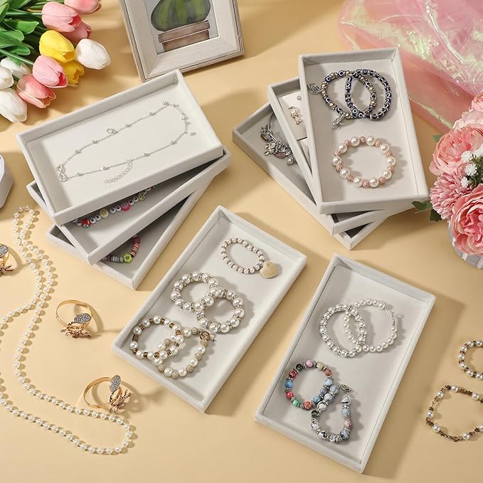 Inbagi 8 Pcs Small Velvet Jewelry Tray Stackable Jewelry Drawers Organizer Trays Jewelry Storage Trays 8.3 x 4.7 x 1 Inches (Beige)