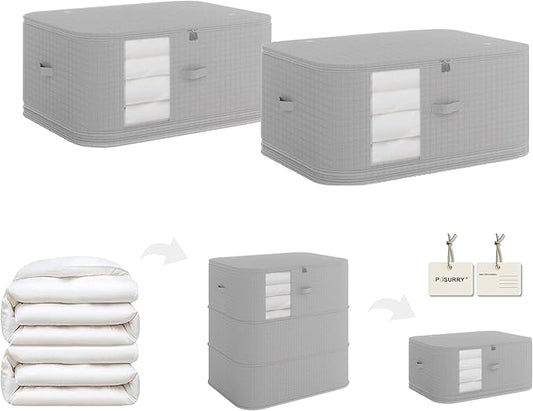 3-Layer Compressible with Zippers Blanket & Comforter Storage Bag,Ultra Space Saving Self Compression Organizer，Save 50% Space, 2 PCS，Gray