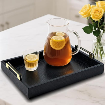 Black Serving Tray with Handles, Large Alligator Faux Leather Decorative Tray, Coffee Table, Ottoman Rectangular Trays for Home Decor, for All Occasions,16" x 12"