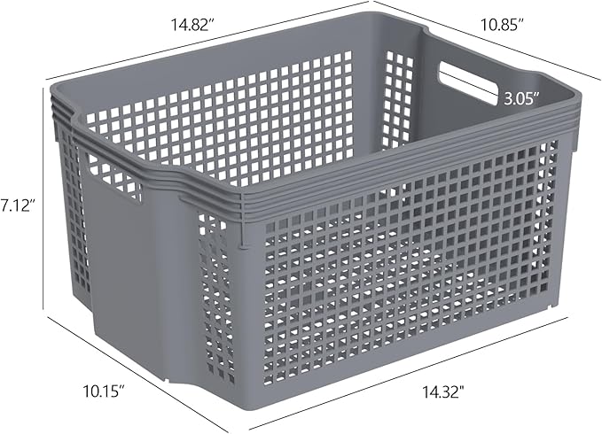 6 Packs Plastic Storage Baskets, Deep Stacking Baskets, Stackable Storage Basket Tray, Gray