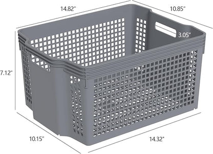6 Packs Plastic Storage Baskets, Deep Stacking Baskets, Stackable Storage Basket Tray, Gray