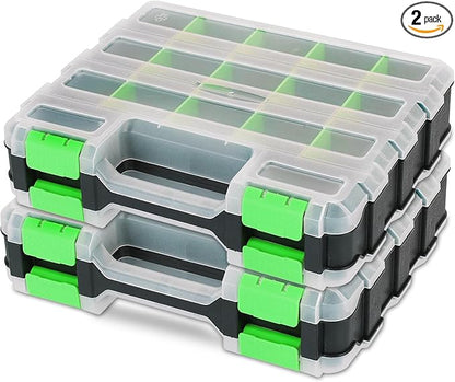 Small Parts Organizer 2 Pack | Storage Case Tools Box 34-Compartments Double Side Organizer Box with Removable Dividers for Small Hardware, Screws, Bolts, Nuts, Nails, Beads (Green)