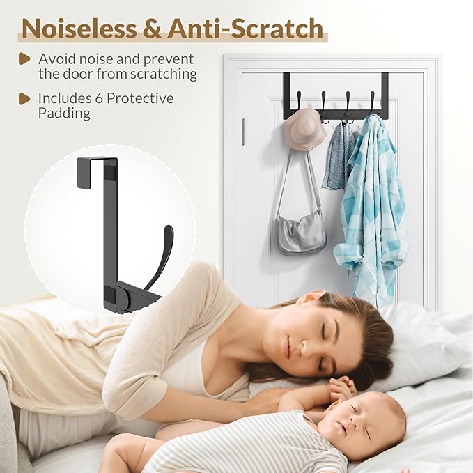 BAKON Over The Door Towel Rack with 4 Triple Hooks, Heavy Duty Over Door Hooks for Bathroom Closet Laundry Room Home Organizer, Door Hanger Coat Rack for Hanging Clothes Backpack Purse (1, Black)
