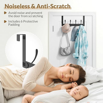 BAKON Over The Door Towel Rack with 4 Triple Hooks, Heavy Duty Over Door Hooks for Bathroom Closet Laundry Room Home Organizer, Door Hanger Coat Rack for Hanging Clothes Backpack Purse (1, Black)